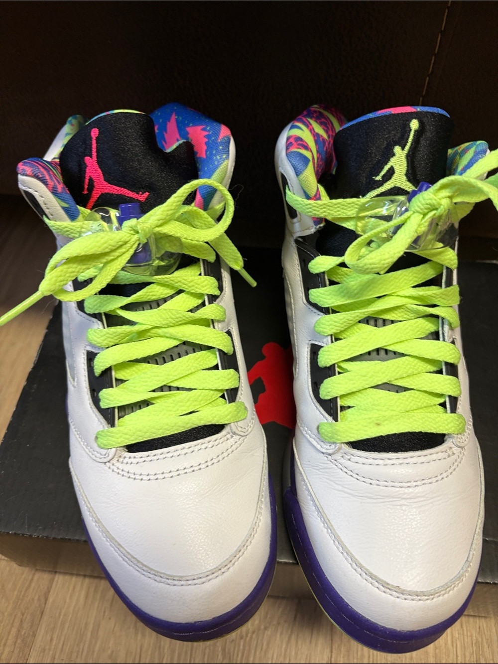 Jordan Kids White Sneakers with Neon Yellow Laces and Purple Soles
